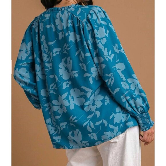 Umgee Blue Teal Floral Notch Neck Balloon Sleeve Tassel Blouse Top New Size S - Picture 2 of 12